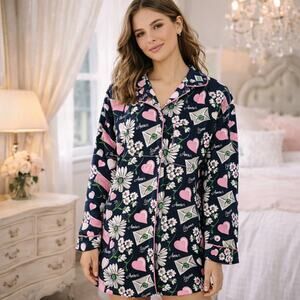 Jessie Steele SZ XL 100% Cotton Flannel Black Hearts Flowers Letters Night Shirt